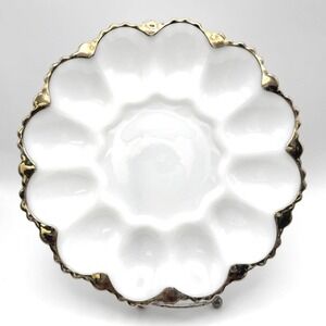 Vintage Milk Glass Deviled Egg Platter Gold Gilded Scalloped Rim 10 Inch White